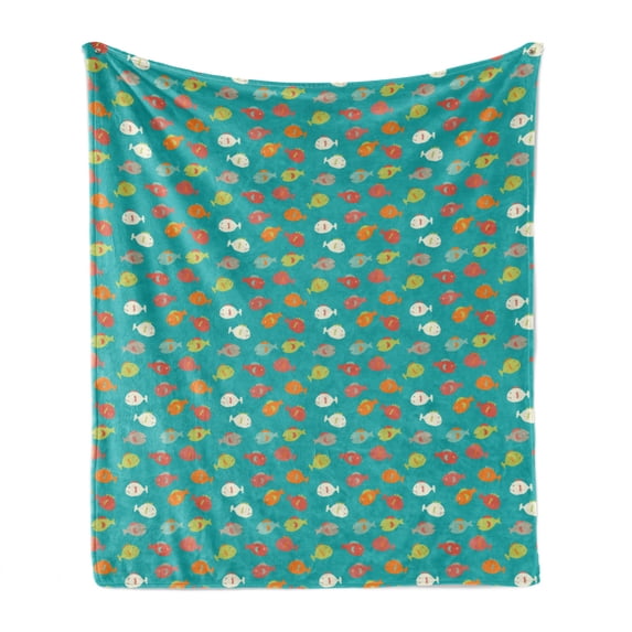 Fish Soft Flannel Fleece Throw Blanket, Rainbow Colored Composition with Doodle Style Cartoon Animals on Turquoise Backdrop, Cozy Plush for Indoor and Outdoor Use, 50" x 70", Multicolor, by Ambesonne