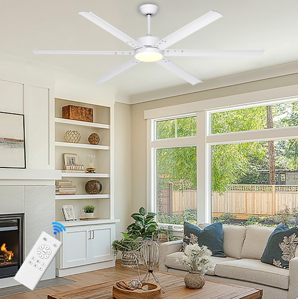 Ohniyou 72" Farmhouse Ceiling Fan with Lights and Remote 6 Metal Blades Large Indoor Outdoor Ceiling Fan for Industrial Patios Living Room Garage, White