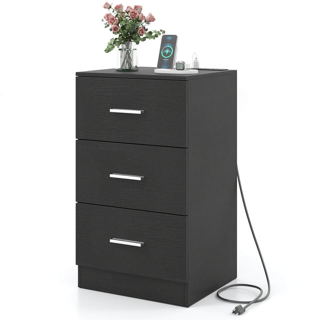 Costway 1 PCS Nightstand with Charging Station, 3 Storage Drawers for Bedroom, Living Room