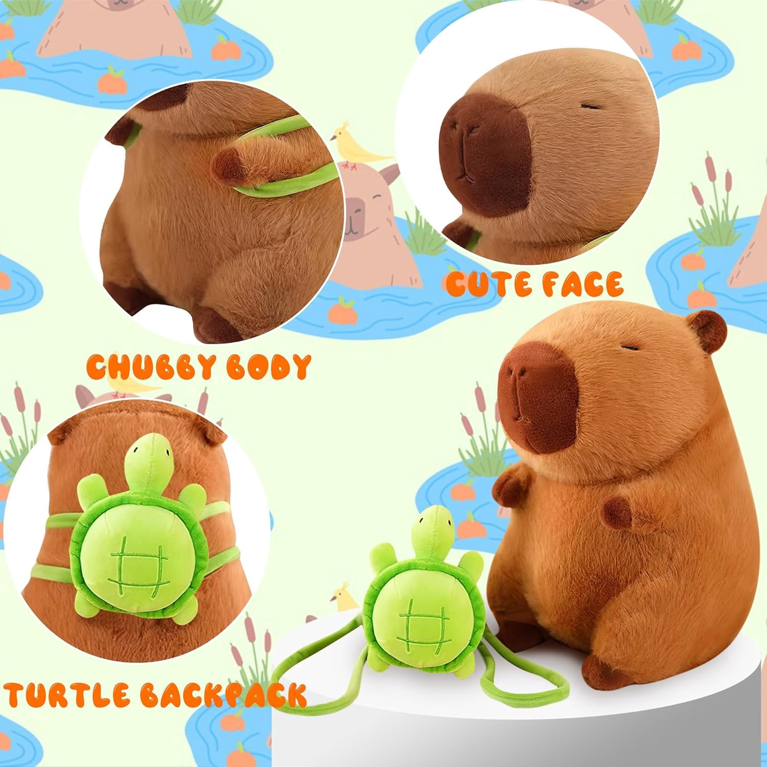 9.8in Capybara Plush, Easter Basket Stuffer, Cute Capybara Stuffed Animals with Turtle Backpack, Kawaii Capibara Plushie Toys for Kids, Doll Party Favors, Soft Hugging Gift for Classroom Birthday