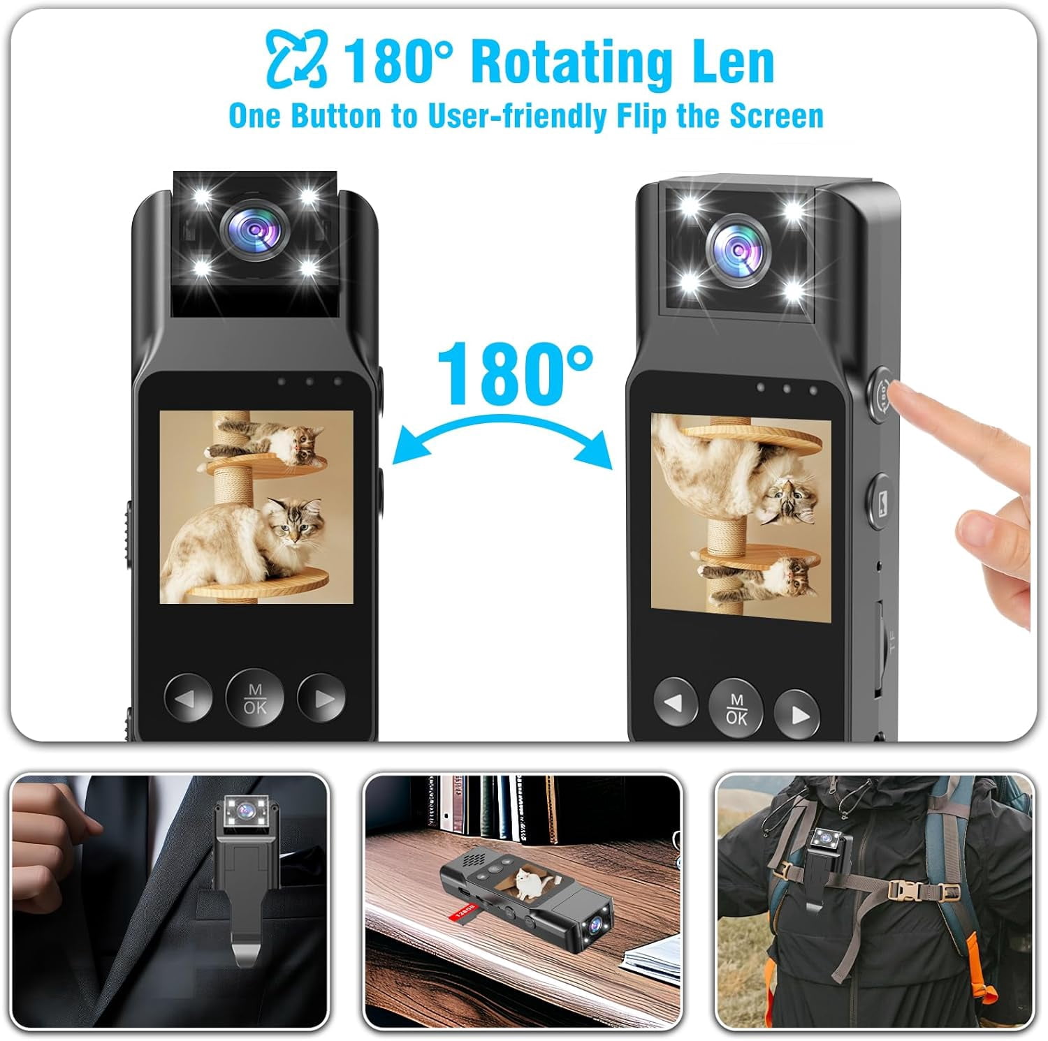 Body Camera with Audio and Video Recording 1080P Bodycam Handheld Video Recorder with 1.3" Screen, 180° Rotating Lens, 6h Battery, 4 Fill Lights, Motion Detection for Personal Civilians Travel