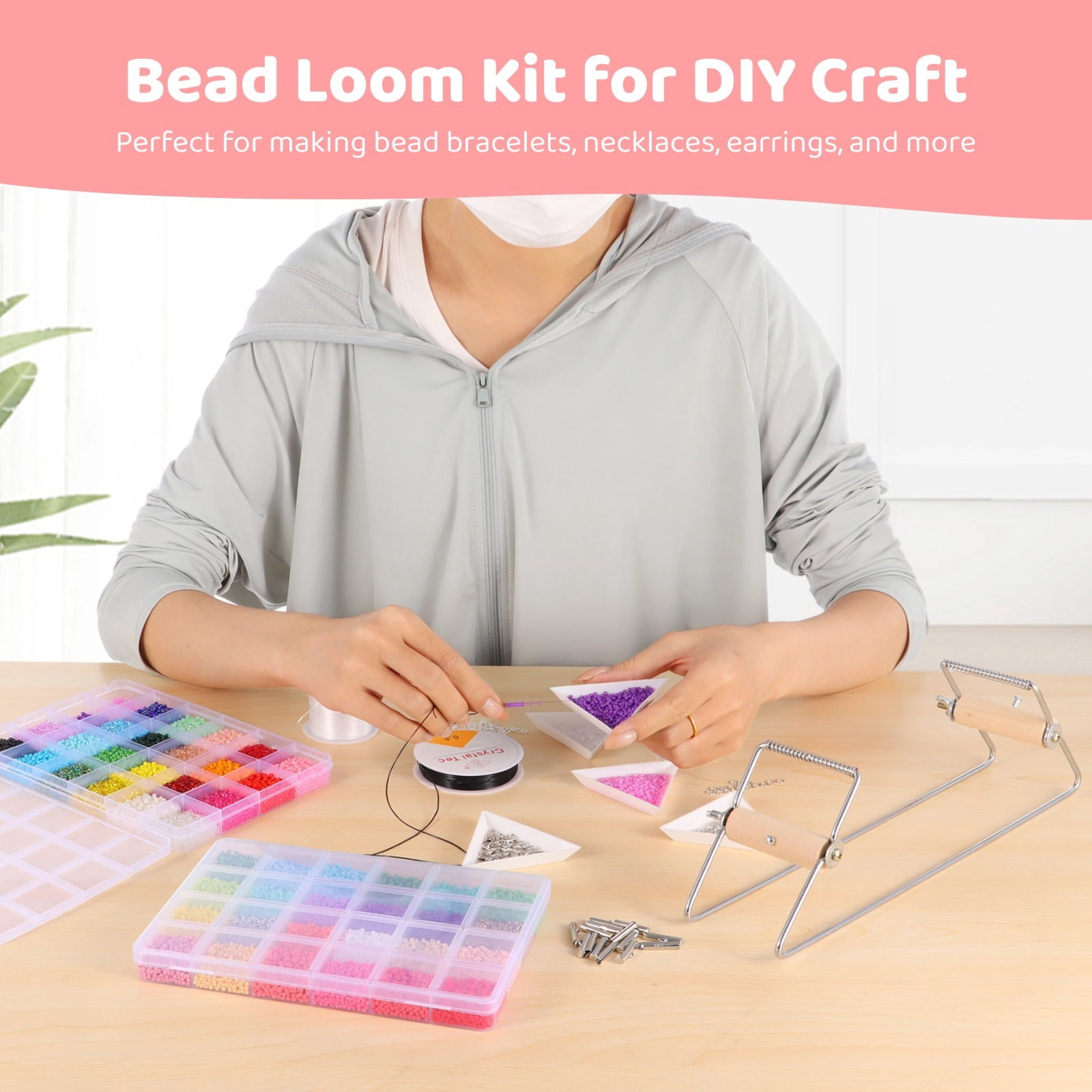 Adjustable Metal Bead Loom Kit, Loom Beading Supplies with 46000 Glass Seed Beads 2 Bead Needles Trays, Bead Loom Set, DIY Bracelet Necklace Earring Jewelry Making Set, Gift for Craft Lovers