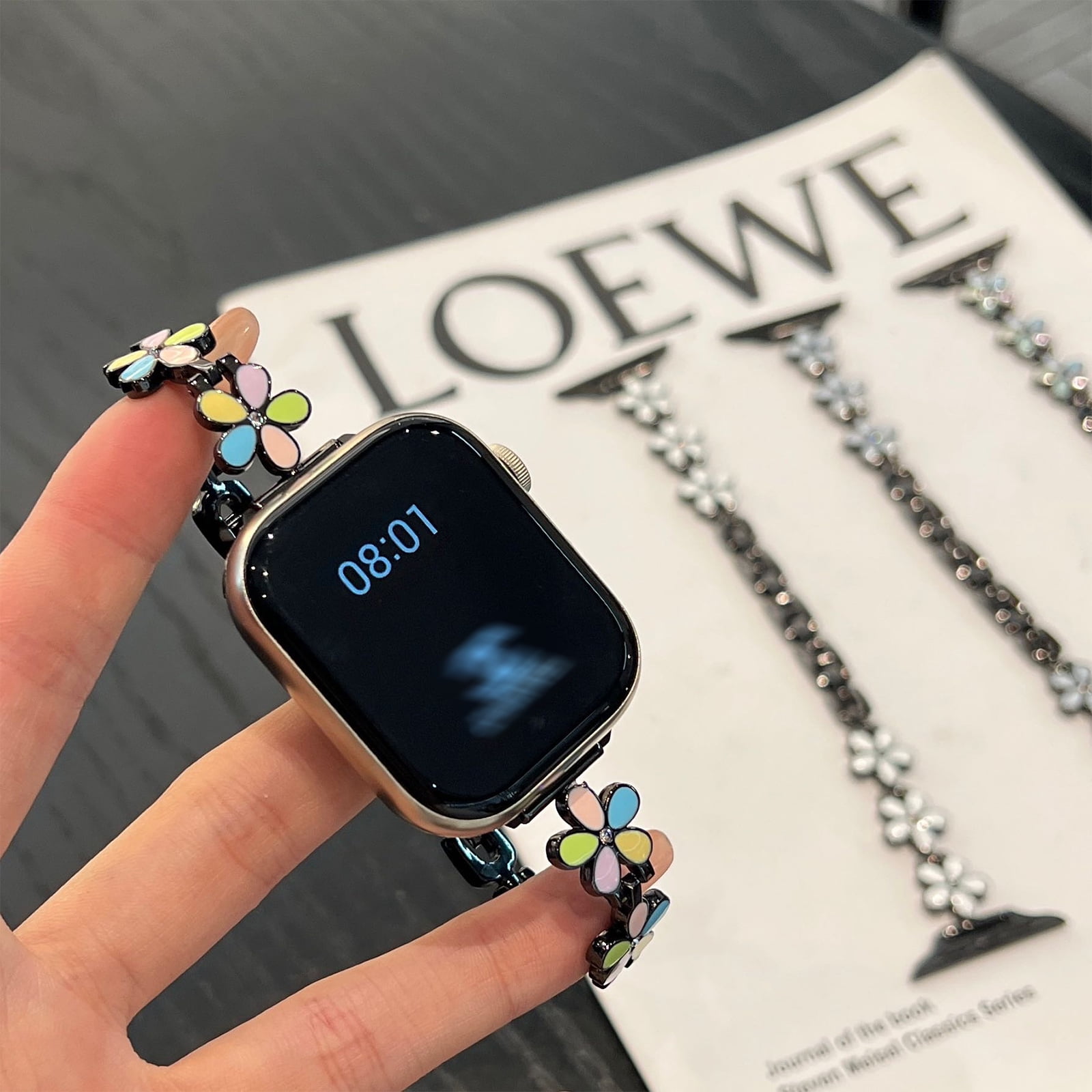 Metal Bracelet for Apple Watch Band 42(Series 1 2 3)/44/45/46/49mm, Stylish Floral Design Dressy Replacement Strap for iWatch Series 11 10 9 8 7 6 5 4 3 2 1 SE321 Ultra321, Colorful Black