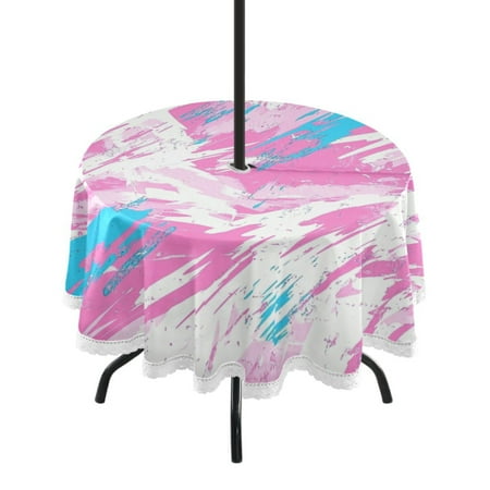 

60 Outdoor Round Tablecloth with Umbrella Hole & White Lace Trim Waterproof Patio Table Cover for Garden Kitchen Dining Pink and Blue Ink Splashes