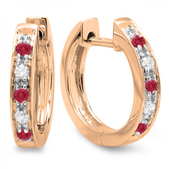 0.15 Carat (ctw) 14K Rose Gold Round Red Ruby & White Diamond Ladies Huggie Hoop Earrings
