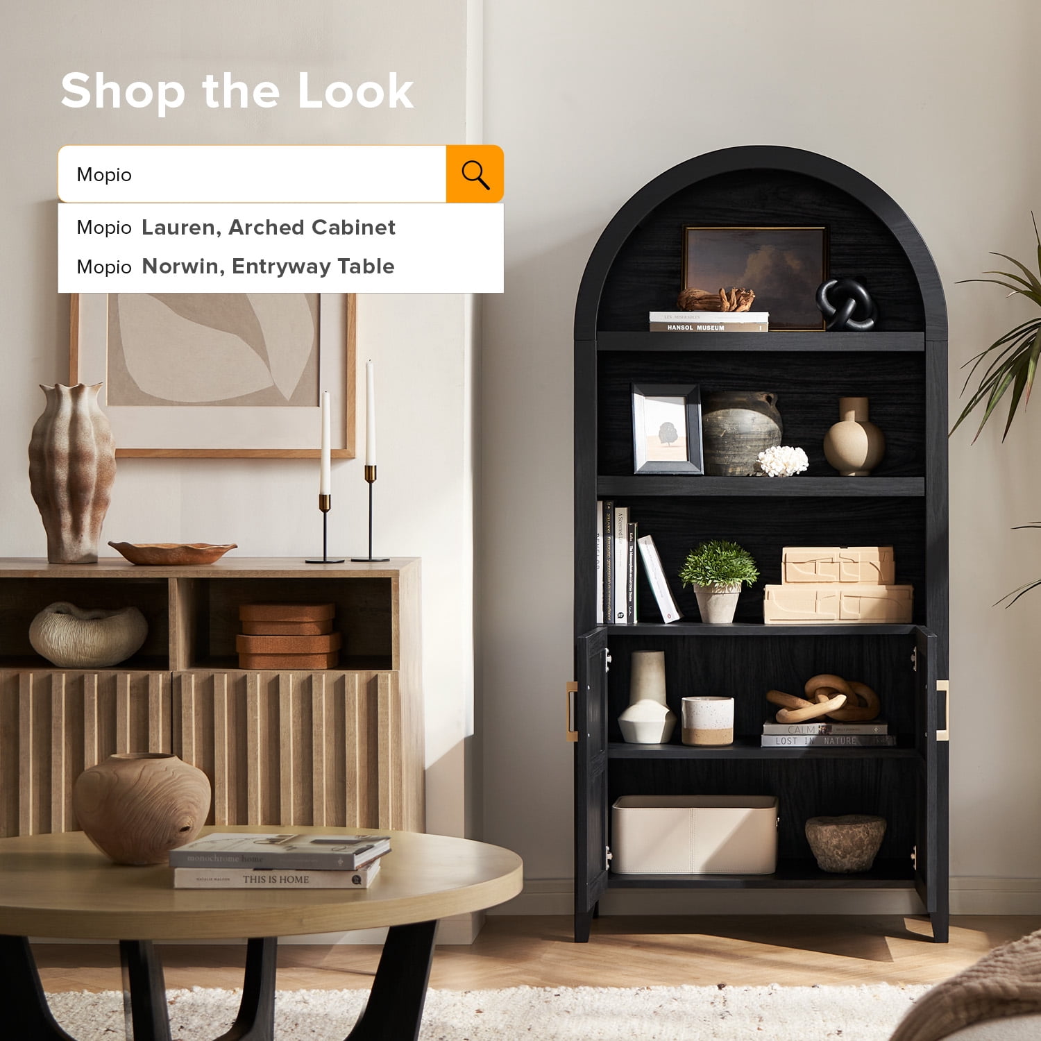 mopio Lauren 65.4" Arched Cabinet, 5-Tier Arched Bookcase with Doors and Shelves, Arched Bookshelf with Storage, Kitchen Pantry Cabinet, Wooden Storage Cabinet for Living Room, Kitchen (Black)