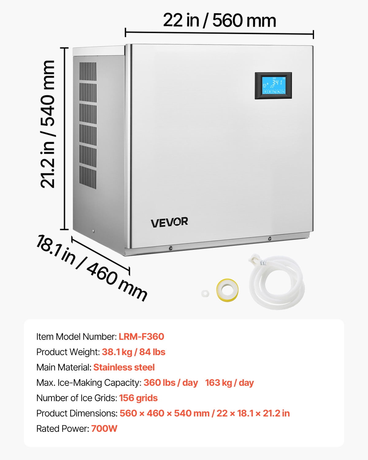 VEVOR Commercial Ice Maker Machine - Head, 360 Lbs/Day Stainless Steel Ice Machine with Self-Cleaning, 156 PCS Ice Tray, Adjustable Thickness, Ideal for Restaurant Bar Cafe Hotel - Head Only
