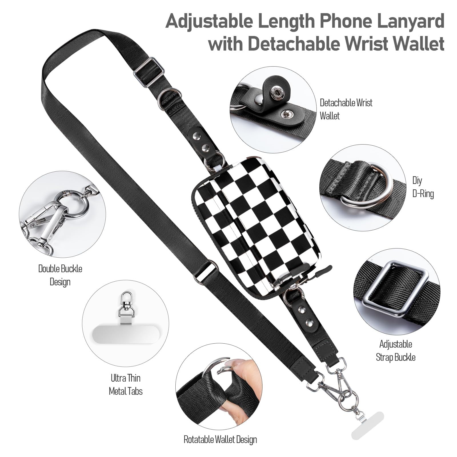 Cysiyu Clip and Go Strap for Phone with Wallet Crossbody Phone Lanyard and Detachable Checkered Bag with ID Window and RFID Pouch for Daily Travel.