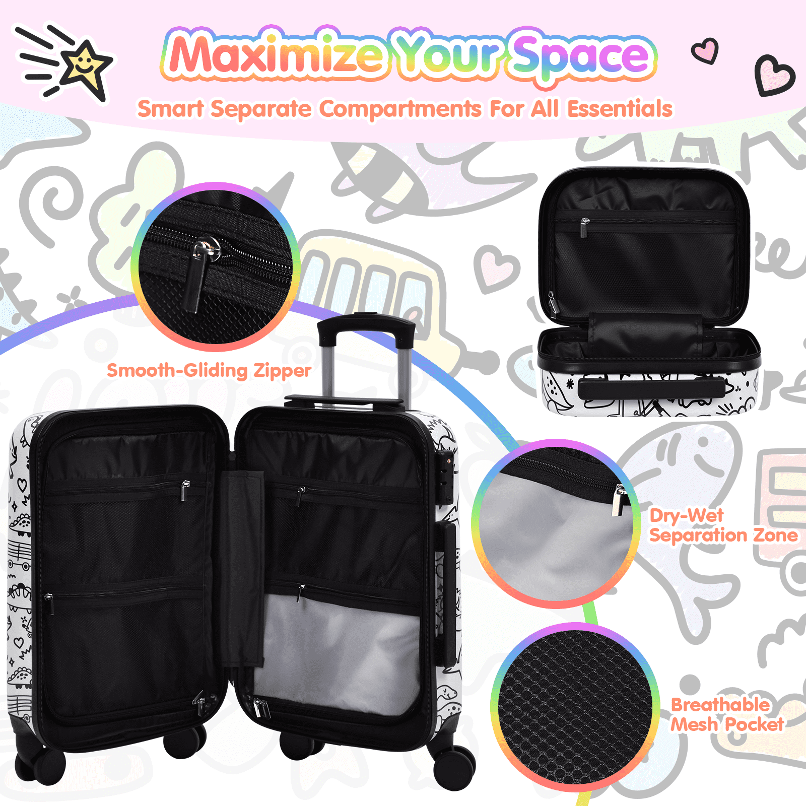 Advwin Kids Carry-On Luggage Set, 14" + 20" Set of 2 Travel Suitcase with DIY Coloring Design, TSA Lock & Spinner Wheels, Lightweight Hardshell Rolling Carry On Suitcase for Children