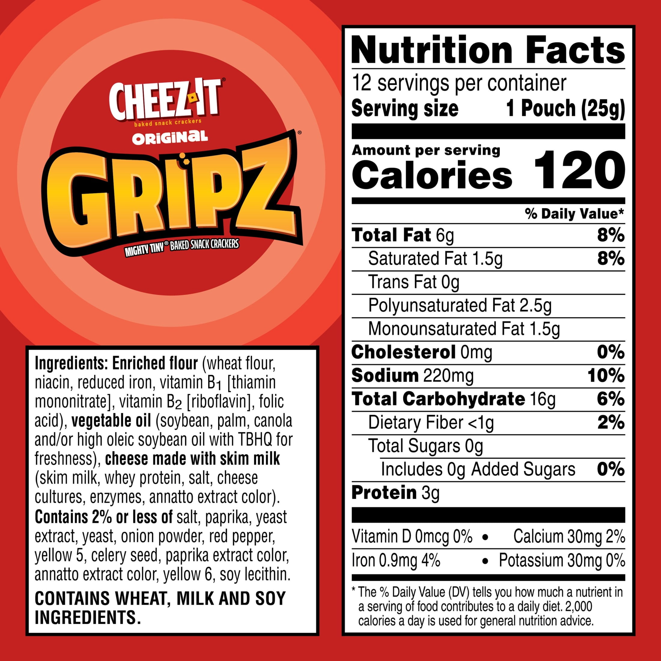 (4 pack) Gripz Cheez-It Original Mini Cheese Crackers, Kids Snacks, 12 Count