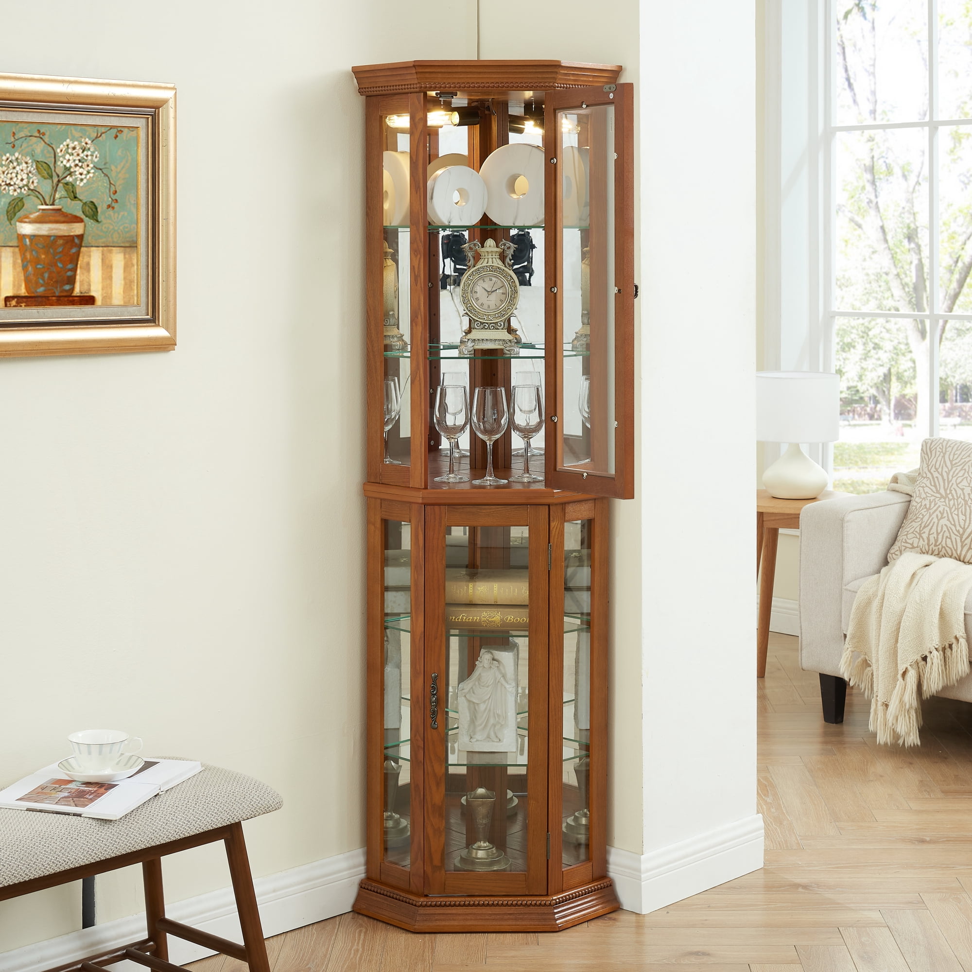 Leumius Corner Curio Display Cabinet, Glass Display Shelf Shelving Bar Cabinet with Tempered Glass Door, Bar Cabinet,Cabinet with Adjustable Shelf Glass Cabinet Shelves for Home Decor Oak
