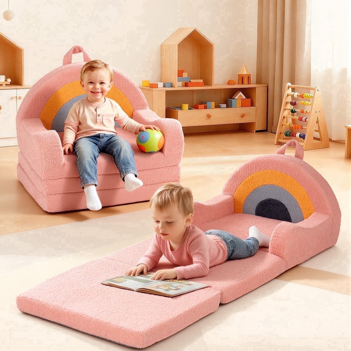 Toddler Sofa, 2-in-1 Kids Sofa, Easy to Move Toddler Chair, Toddler Beds for Gift, Rainbow
