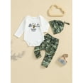 thumbnail image 4 of Baby Toddler Boy Fall Outfit, 0 3 6 12 18 Months Letter Print Long Sleeve Romper Elastic Waist Camouflage Pants Hat 3 Piece Christmas Clothing Set, 4 of 9