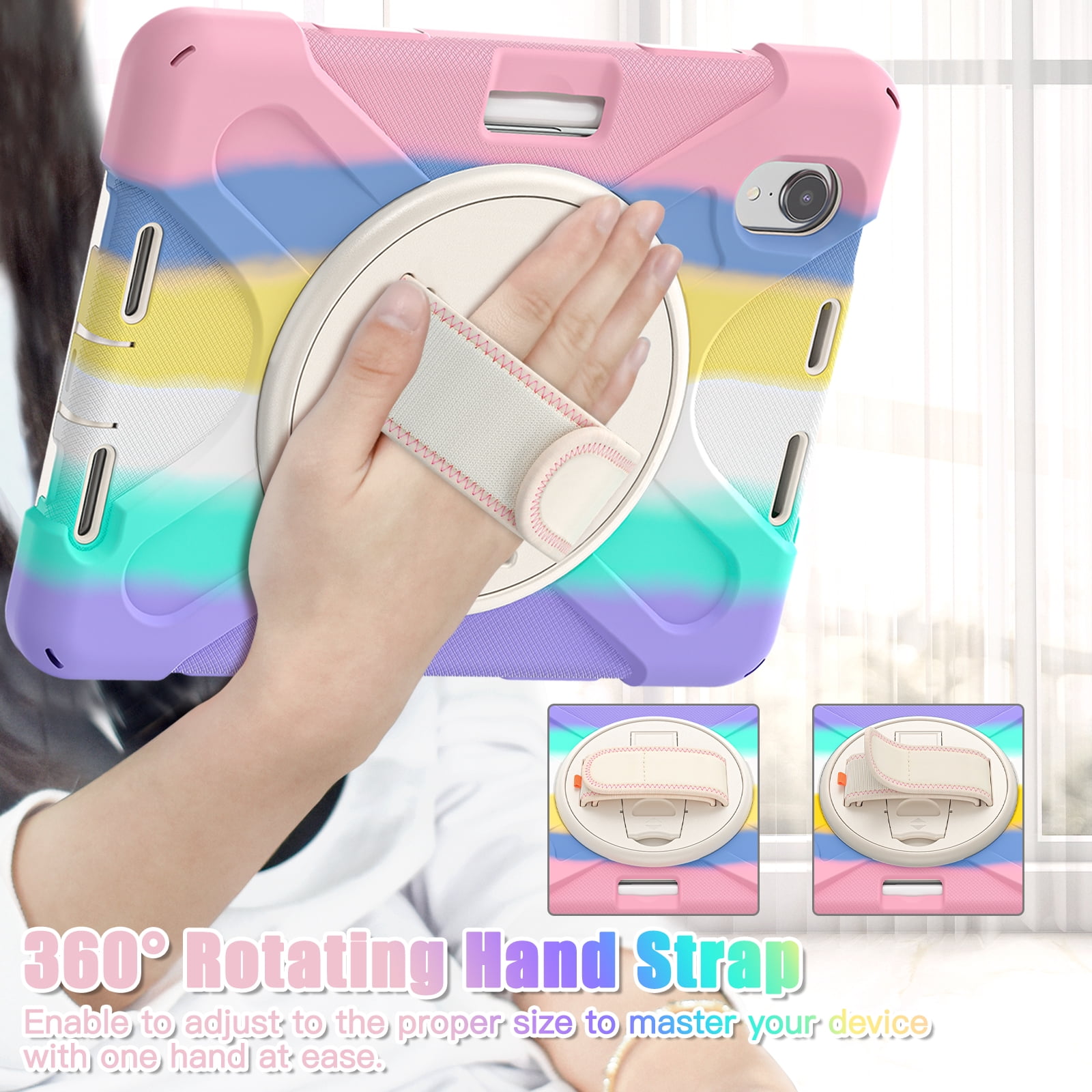 Rugged Case for 2021 Apple iPad Mini 8.3-Inch (6th Generation 2021 Release) - Rotating Stand Case with Adjustable Hand Strap /Pencil Holder, Shockproof Protective Hard Cover (Rainbow Pink)