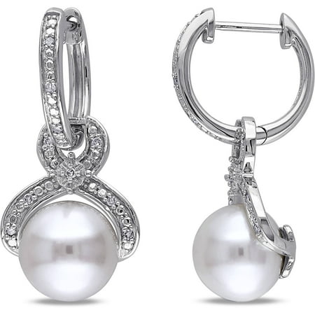 Miabella 9-9.5mm White Round Cultured Freshwater Pearl and Diamond-Accent 10kt White Gold Dangle Infinity Earrings