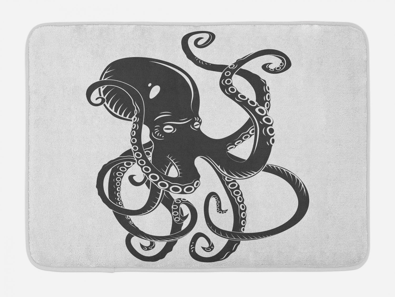 Octopus Bath Mat, Black Danger Cartoon Octopus Characters with Curling Tentacles Swimming