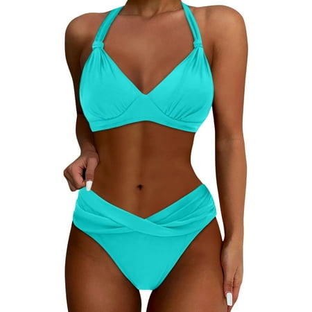 Womens Swimsuits Solid Color Lace Up Halter Push Up Bra And Panty Set Vintage Two Piece Tankini Swimsuits For Women Swimwears Activewear Green S