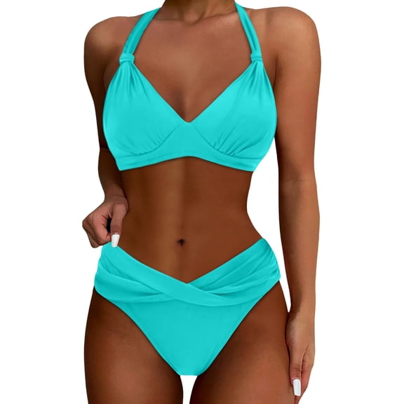 Womens Bikinis Solid Color Halter Sexy Elastic Push Up Bra And Panty Swimsuits Set Vintage Two Piece Tankinis Swimsuits Set Swimwears Sportwear,Blue,S
