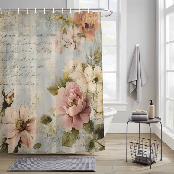 Watercolor Pink White Flowers Fabric Shower Curtain for Bathroom Waterproof Polyester Bath Curtain with 12 Hooks Vintage Letter Texture Washable Shower Curtain with Grommets 36"x72"