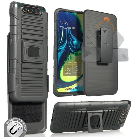 Case with Clip for Galaxy A80, Nakedcellphone Black Rugged Cover [with Finger Grip Stand]   [Built-In Mounting Plate]   [Belt Hip Holster] for Samsung Galaxy A80 (SM-A805) 2019
