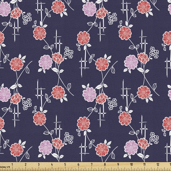 Floral Sofa Upholstery Fabric by the Yard, Japanese Vine Art Flower Bouquets Shabby Petals and Leaves Pattern, Decorative Fabric for DIY and Home Accents, Pale Pink Scarlet Quartz by Ambesonne