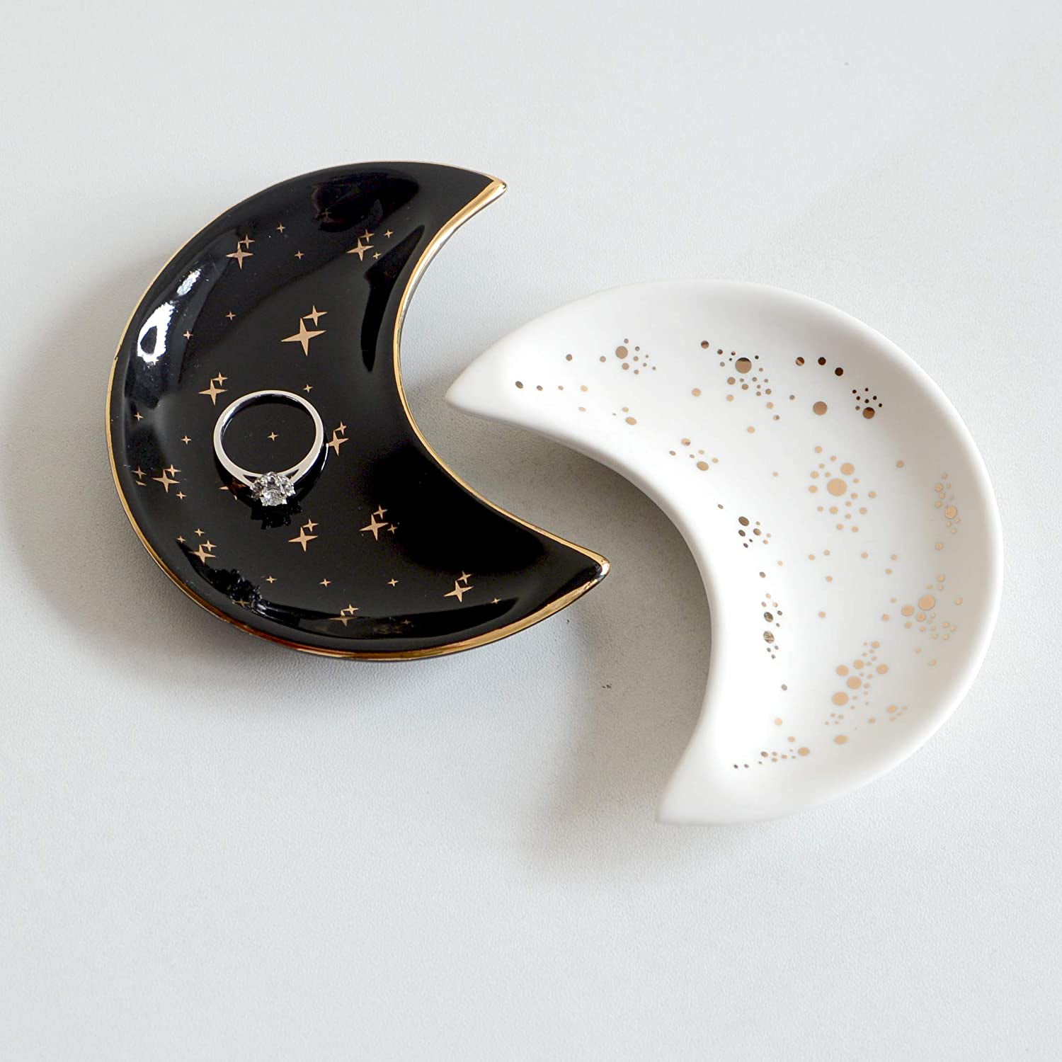 Jewelry Tray Dish Moon Shape Decorative Ceramic Trinket Dish Ring Dish Desk Organizer Accessories for Home Decor Blue and Black