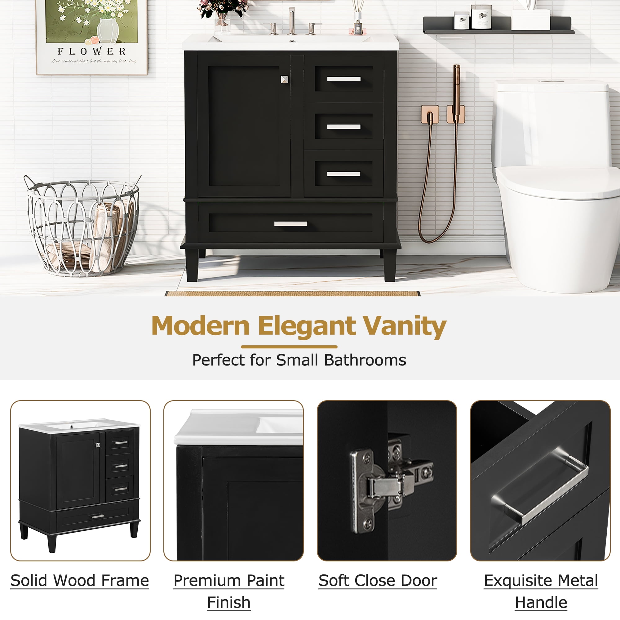 Harper & Bright Designs 30" Bathroom Vanity, Bathroom Cabinet with Sink Combo Set, Bathroom Storage Cabinet with Soft Closing Door and 3 Drawers, Black