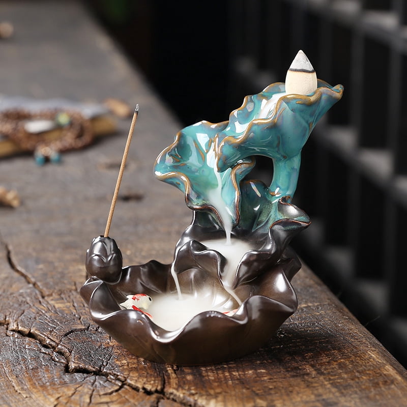 Creative Lotus Fish Backflow Incense Burner Smoke Waterfall Aromatherapy Furnace Holder for Yoga Room Office,Teahouse Decoration
