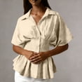 thumbnail image 3 of SSZMDLB Women Collared Short Sleeve Button Down Pleated Peplum Top Casual Blouse Solid Basic Shirt Office Outfits Summer Work Tops, Yellow S, 3 of 7
