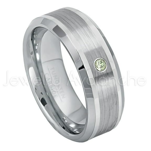 Personalized Tungsten Wedding Band - 0.07ct Solitaire Peridot Ring - 8mm Beveled Edge Tungsten Ring - Custom Made August Birthstone Ring TN002