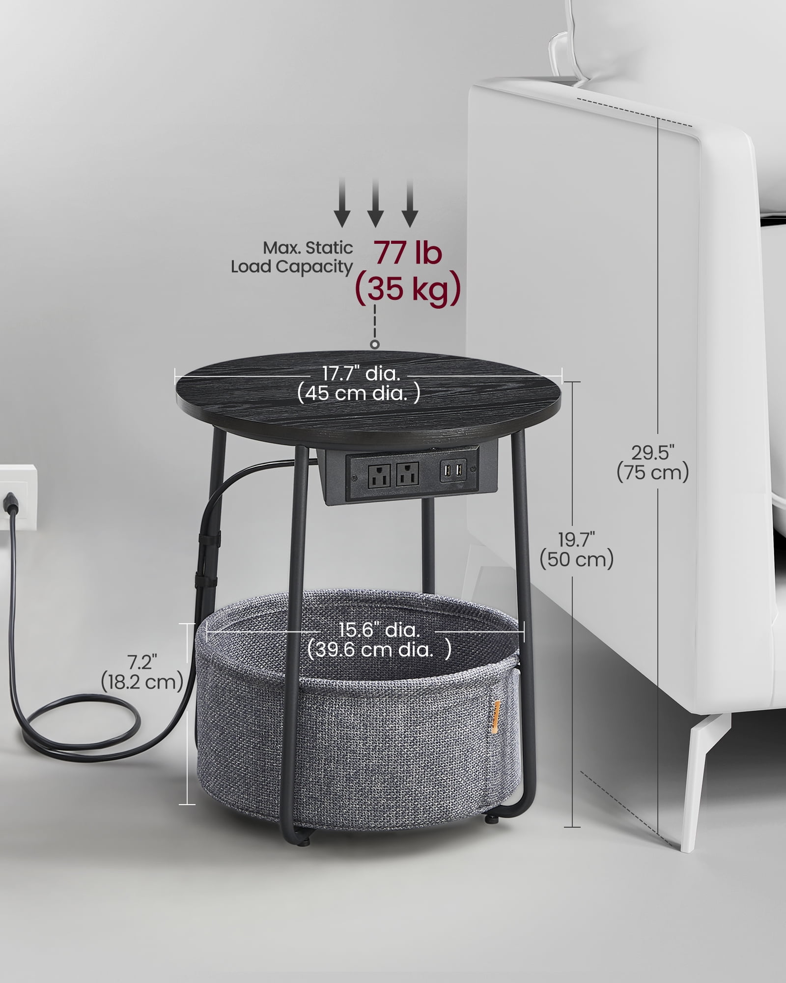 VASAGLE LILEA Collection - Side Table with Charging Station, Round End Table with Fabric Basket, Nightstand with USB Ports, for Living Room, Bedroom, Modern, Ebony Black and Slate Gray