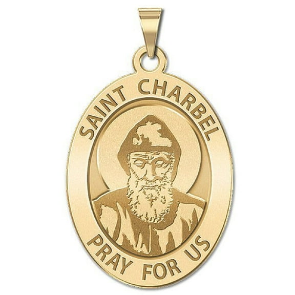 PicturesOnGold.com Saint Charbel Oval Religious Medal Female Adult- 1/2 x 2/3″ Size of Dime, Solid 14K Yellow Gold