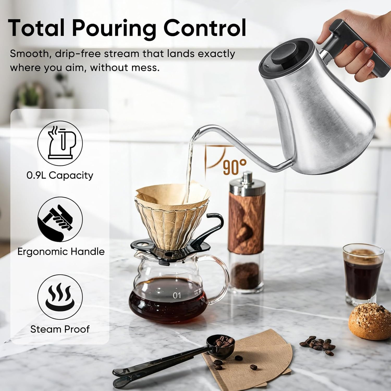 Gooseneck Electric Kettle with ±1°F Temperature Control, 1200W Quick Heating for Pour Over Coffee & Tea, 0.9L Water Boiler with 24H Keep Warm & Auto Shut Off, Stainless Steel Interior, Silver
