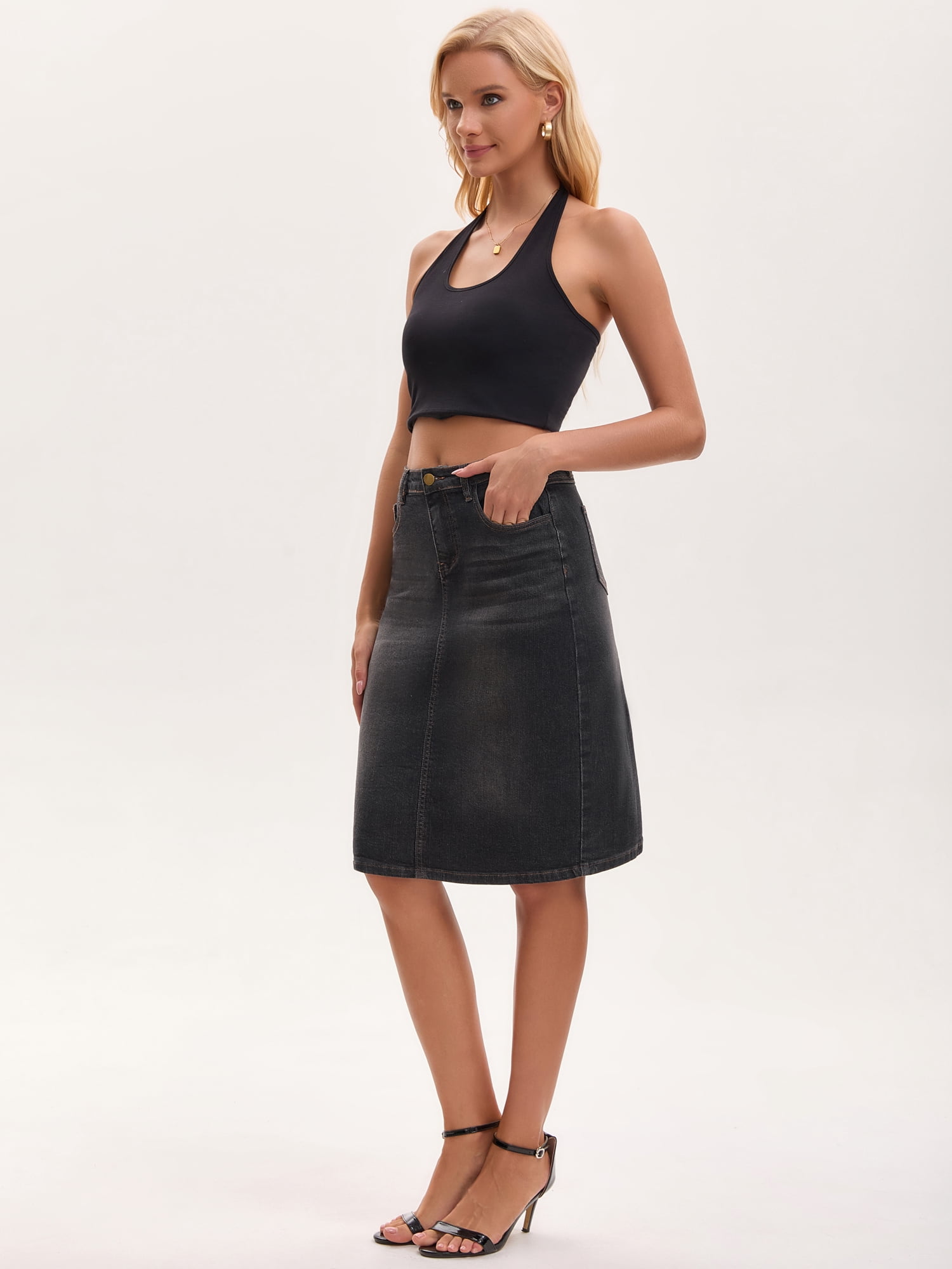 DARING DIVA Women's Jean Back Slit Stretch Below Knee Length Denim Skirts S Black