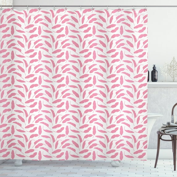 Tropical Shower Curtain, Uncomplicated Illustration of Banana Leaves Scattered on a Plain Background, Fabric Bathroom Set with Hooks, 69W X 75L Inches Long, Pastel Pink White, by Ambesonne
