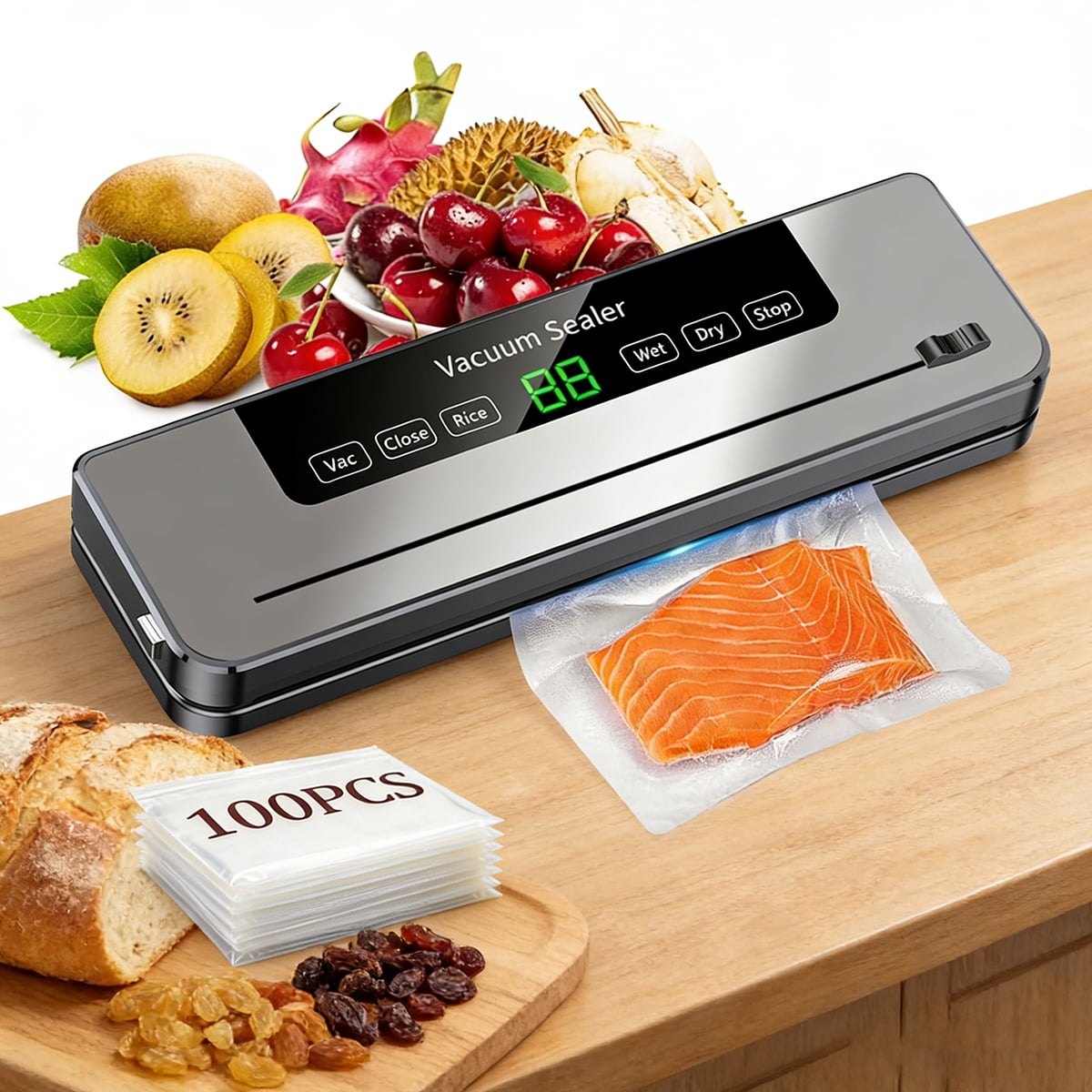 USIONE Storage Vacuum Sealer Machine- 75 Kpa 6-in-1  Compact Vacuum Sealer for Food with Digital Timer, Dry/Moist Food Modes & 100 Bags, Built-in Cutter (Sliver)