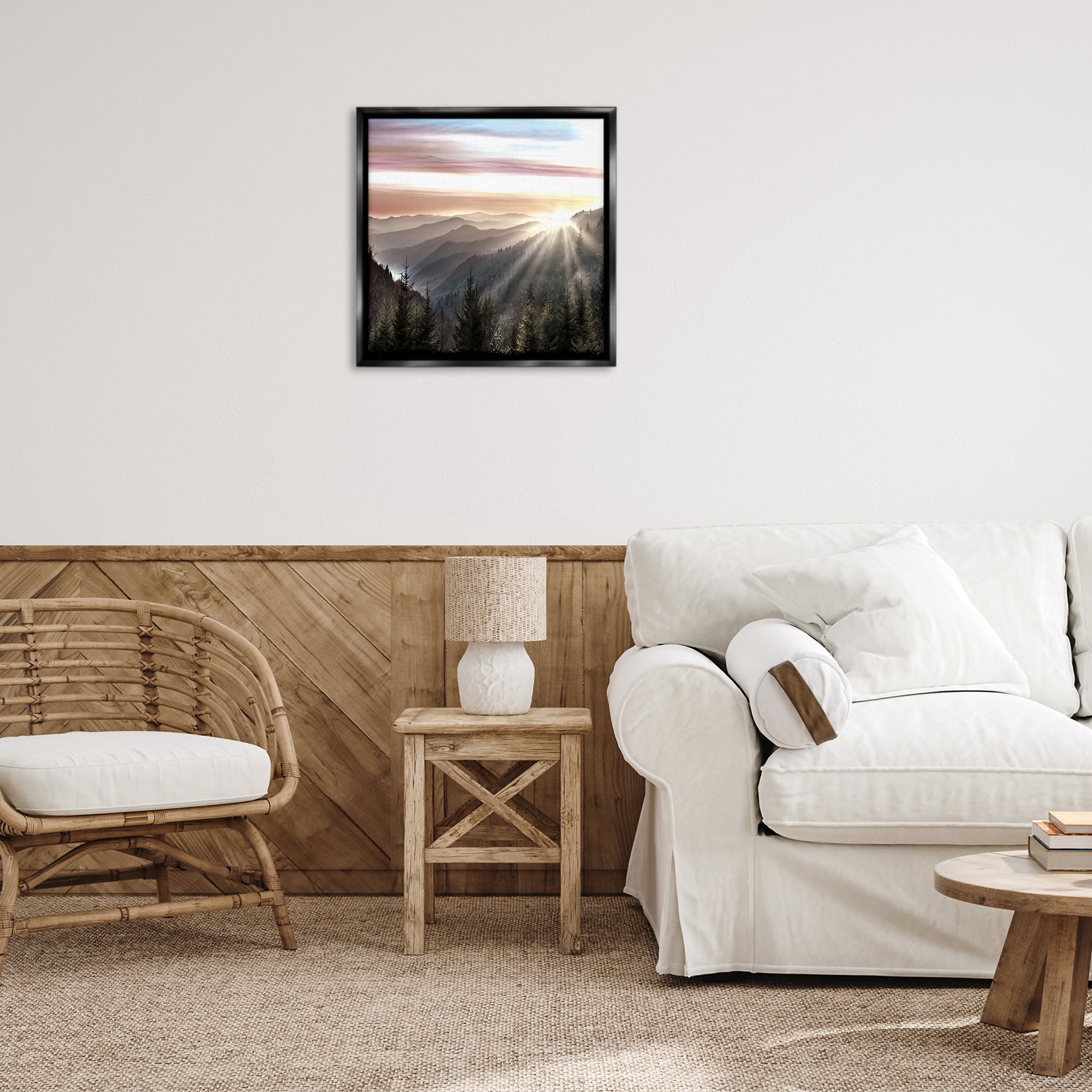 Stupell Industries Sun Rays Through Peaks Landscape & Nature Painting Black Floater Framed Canvas Art Print Wall Art, 25 x 25