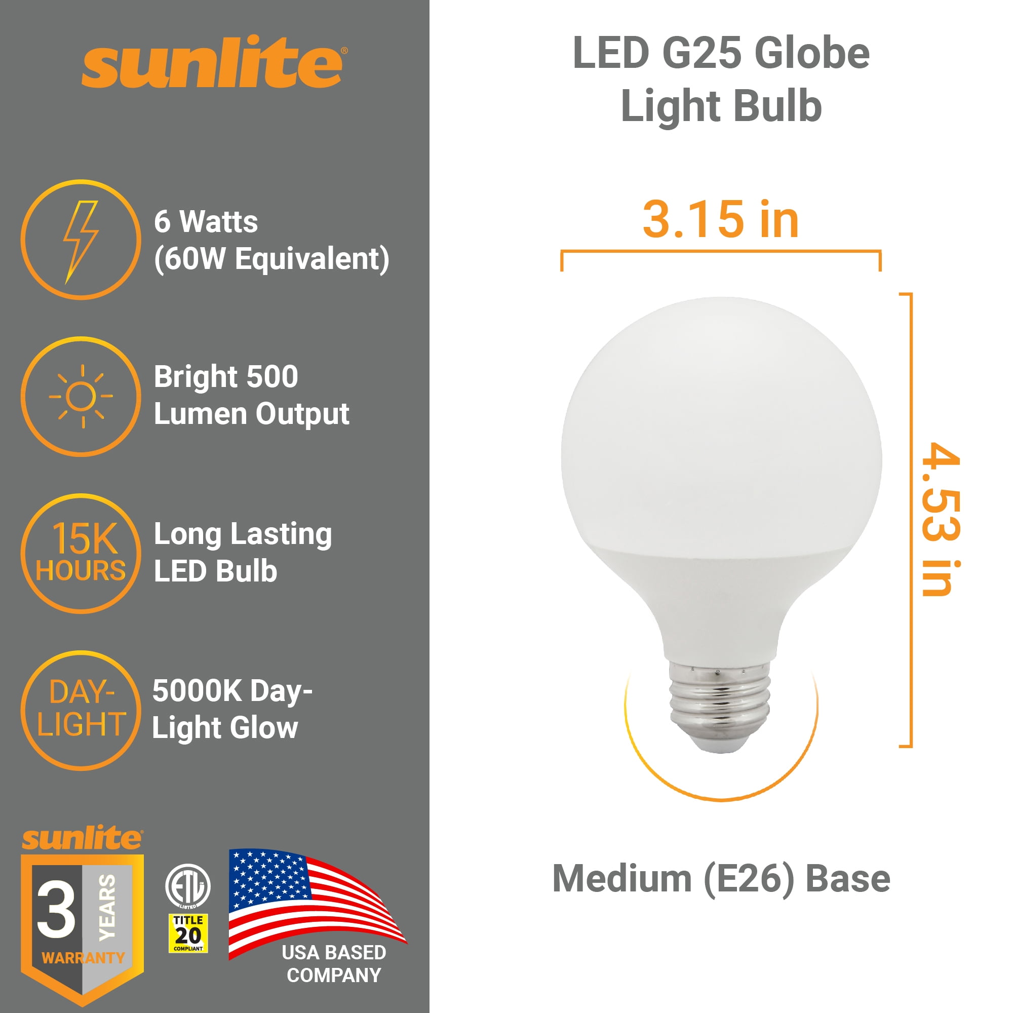 Sunlite LED G25 Globe Light Bulb, 6 Watts (60W Equivalent), Standard E26 Base, 520 Lumens, Dimmable, Frosted, 90 CRI, 5000K Daylight, 6 Pack