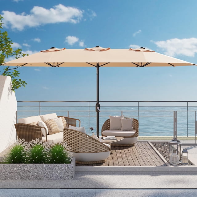 Patio Umbrella – Large 13FT Double-Sided Rectangular Sun Shade – Heavy Duty, Fade Resistant & UV Protection Canopy – Easy Crank Lift, Ventilated – for Backyard, Garden, Pool & Deck – Beige