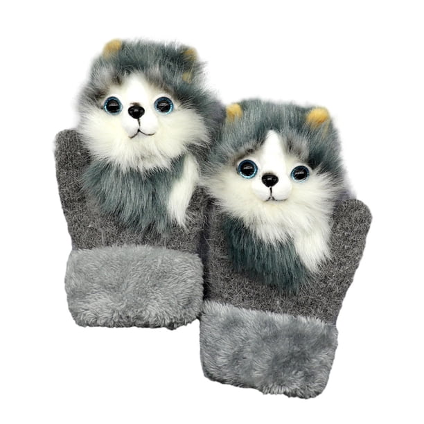 Manoplas cálidas de invierno Minnieouse con guantes de animales de dibujos Lobo gris