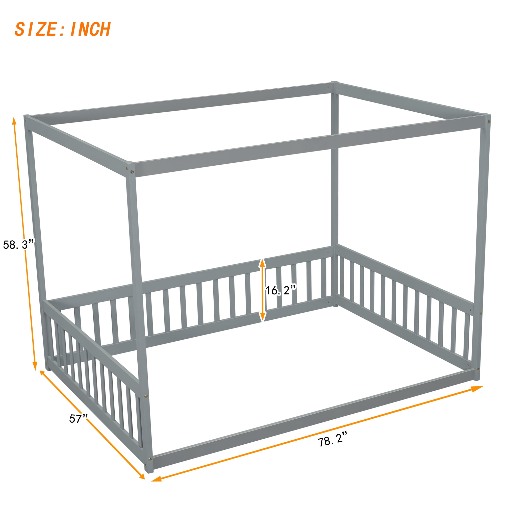Miniyam Full Size Canopy FloorBed with Guardrails for Kids and Teens, Gray