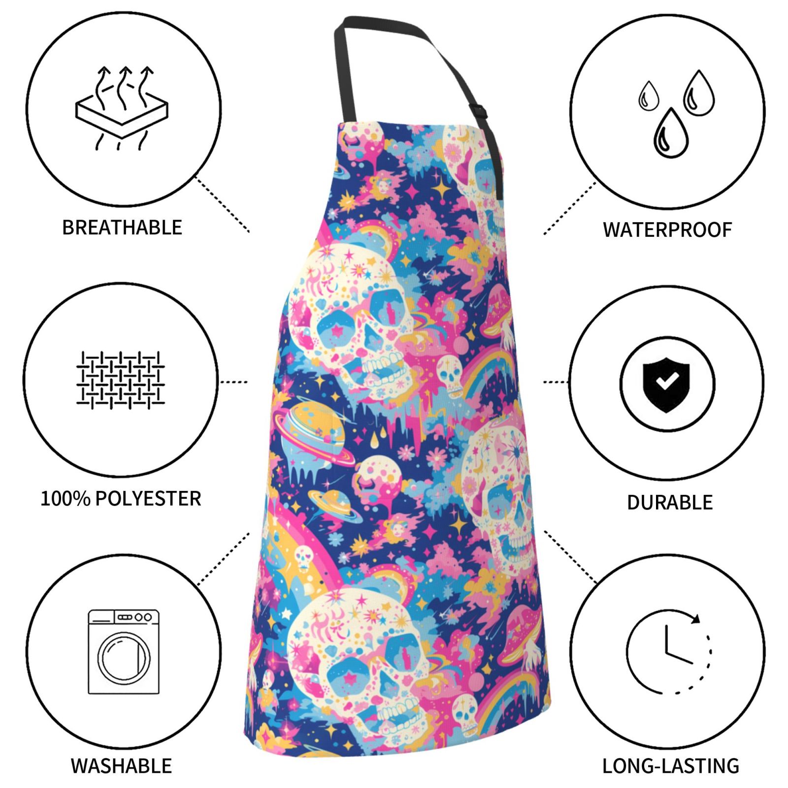 Kdxio Skull rainbow color space Apron with Pockets Adjustable Kitchen Aprons for Men Women Waterproof Aprons for Cooking,Drawing,Crafting, Baking Household Cleaning