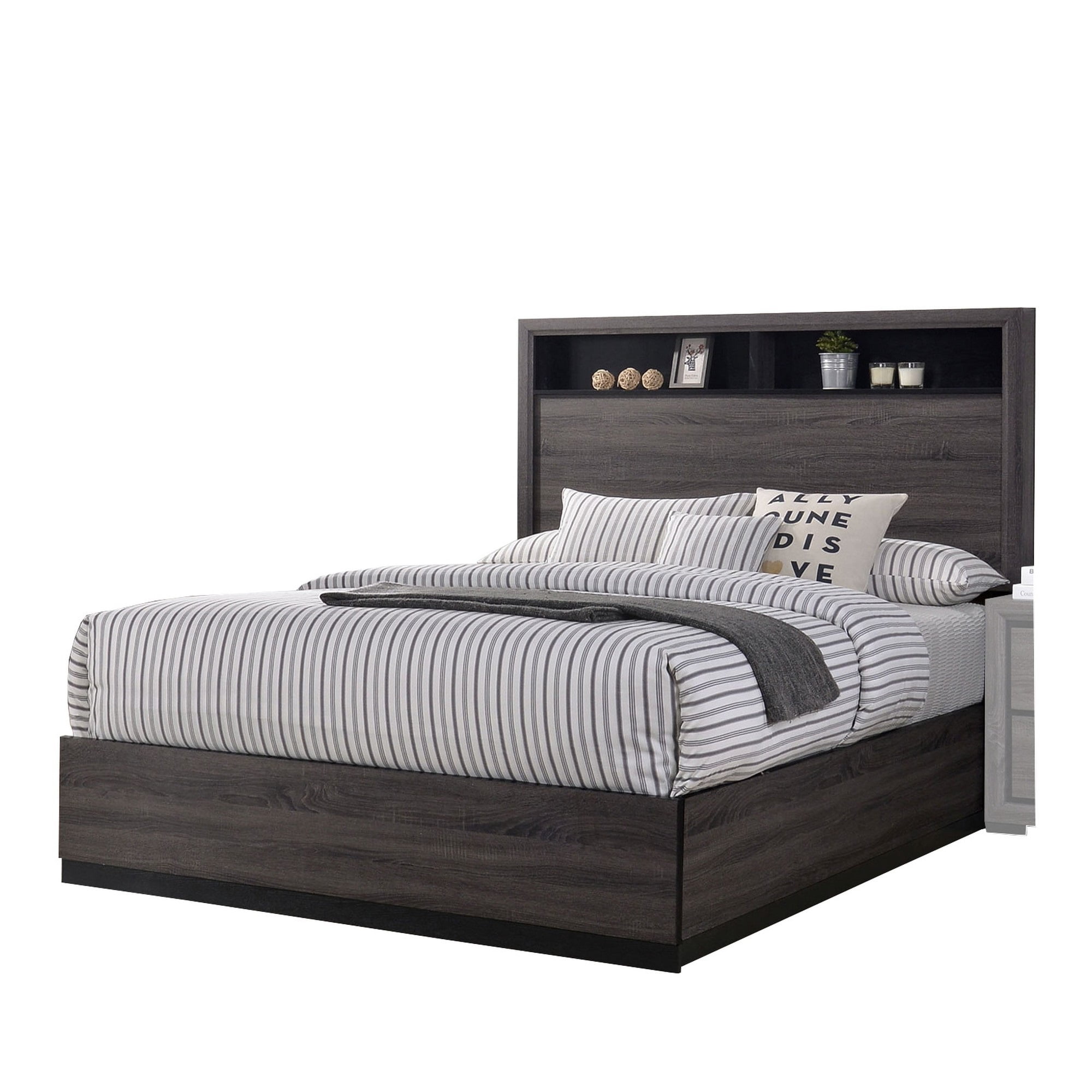Transitional Wooden Queen Size Platform Bed with Bookcase Headboard