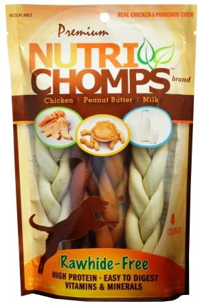 NutriChomps Dog Chews, 6-inch Braids, Easy to Digest, Rawhide-Free Dog Treats, Healthy, 4 Count, Real Chicken, Peanut Butter and Milk flavors