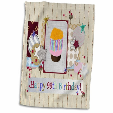 3dRose Collage of Stars, Cupcake, and Candle, Happy 99th Birthday - Towel, 15 by