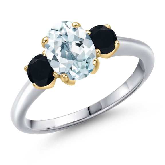 Gem Stone King 925 Silver and 10K Yellow Gold Sky Blue Aquamarine and Black Onyx Engagement Ring for Women | 1.64 Cttw | Oval 8X6MM | Gemstone March Birthstone | Size 6