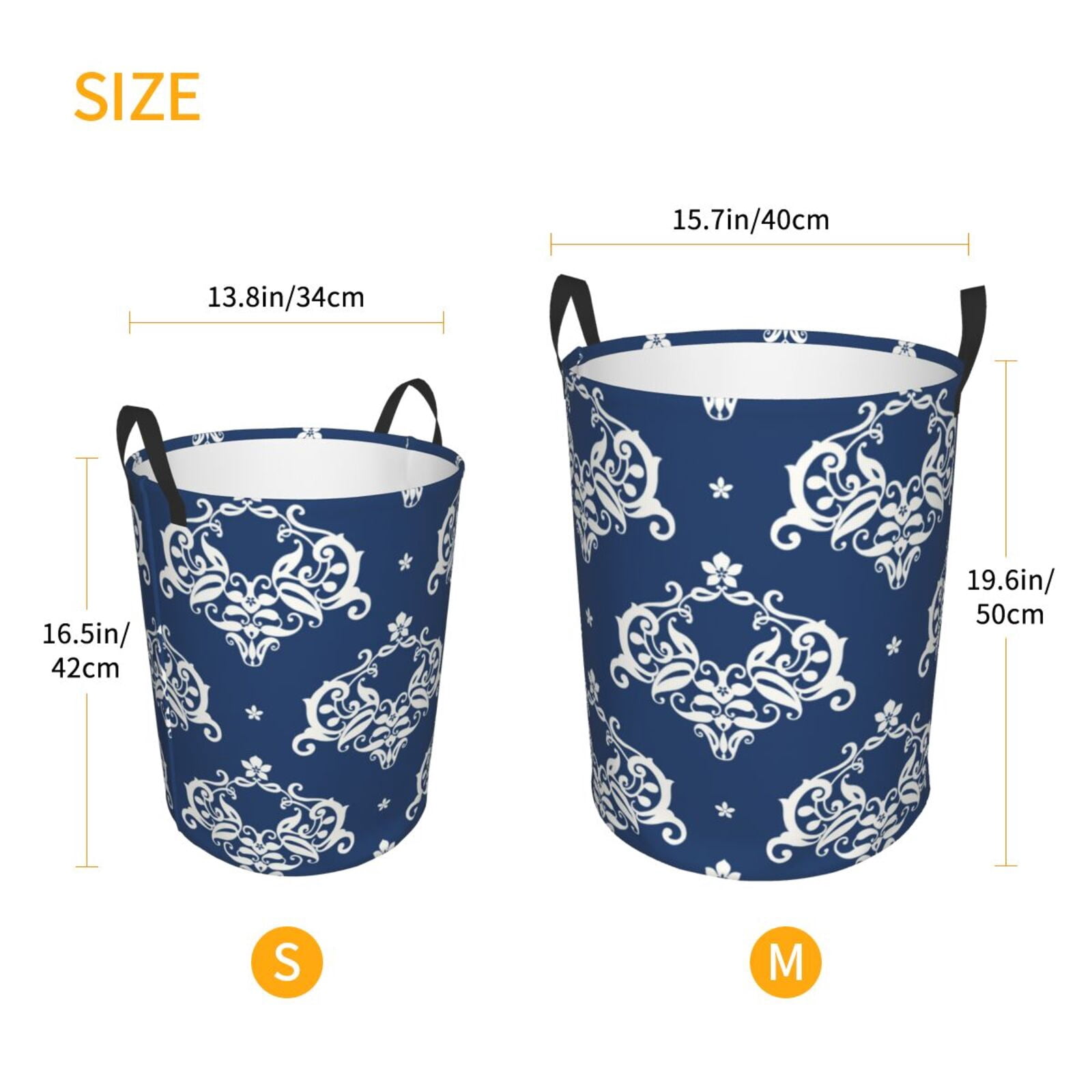 Large Laundry Basket with Handles - Traditional vintage navyblue print Kids Baby Dirty Clothes Laundry Hamper for Bedroom Aesthetic