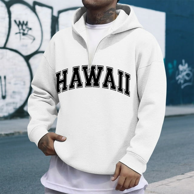 MHFRRA Sudadera con Capucha y Cremallera de Un Cuarto con Estampado de Letras, Informal, con Bolsillo Frontal, para Ropa de Calle, Moda, Ajuste Cómodo Blanco