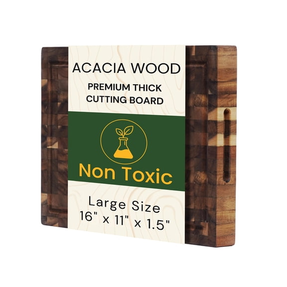 End Grain Acacia Wood Cutting Board 16x11x1.5 Inch, Extra Thick Butcher Block, Deep Juice Groove, Built-In Handles, Knife Friendly for Kitchen Prep, Meat Carving & BBQ by New M Way