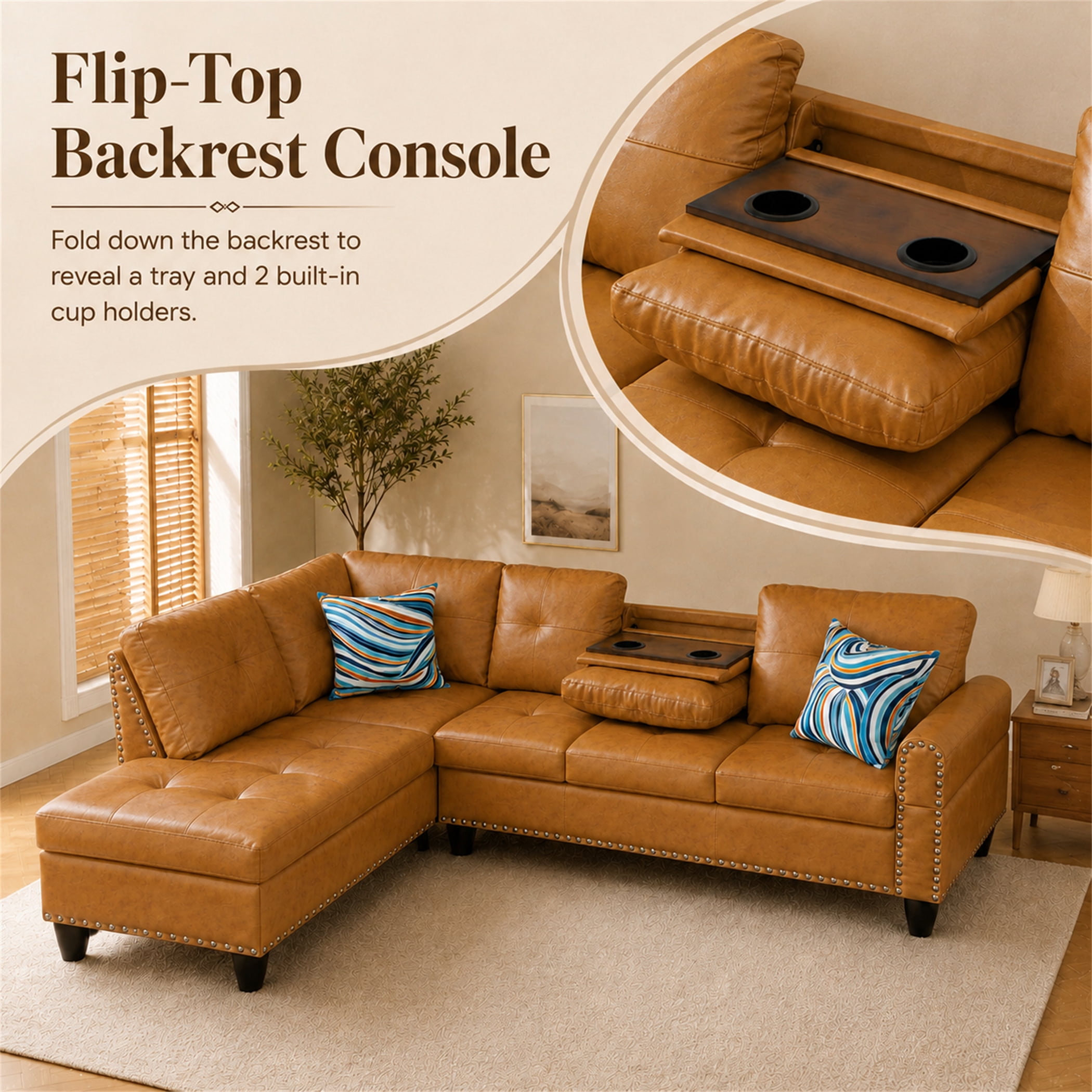 Aukfa 98" L Shaped Sectional Couch with Cup Holder Console, Tufted Back&Nailhead Trim, Oversized Left Chaise Leather Sofa for Living Room, Ginger